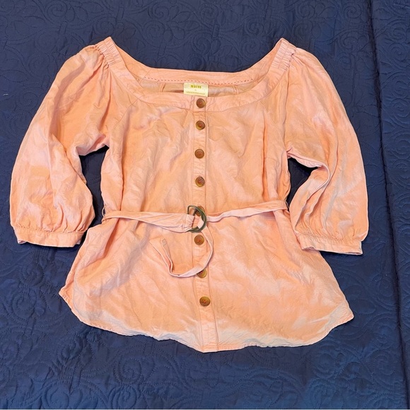 Maeve Anthropologie Alanis Belted Blouse Button Up Shirt Off Shoulder pink sz 8 - Picture 5 of 16
